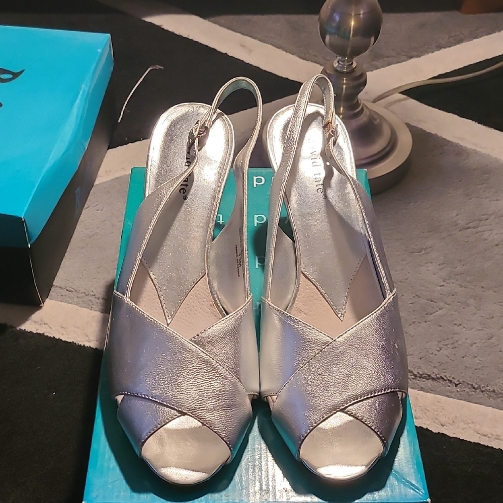 David Tate Shimmering Silver Peep-Toe Heels